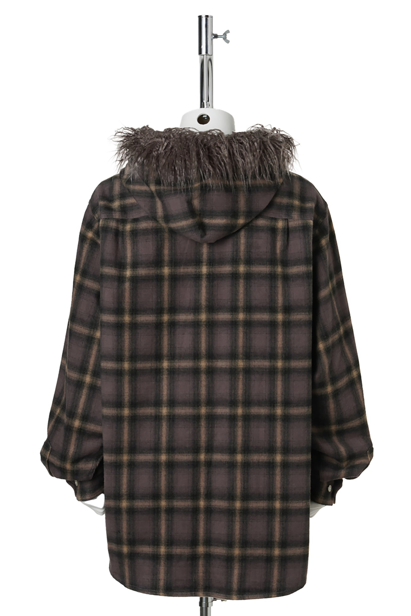 FUR-TRIMMED HOODED CHECK SHIRT / BROWN
