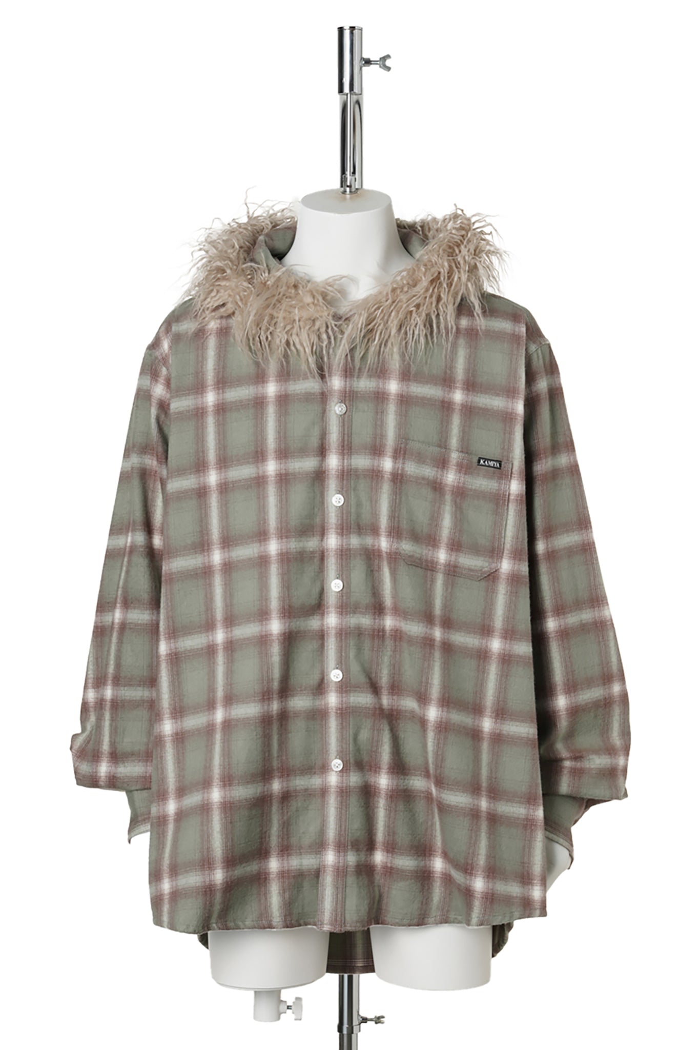 FUR-TRIMMED HOODED CHECK SHIRT / GREEN