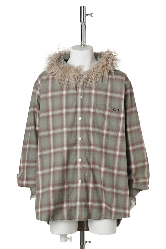 FUR-TRIMMED HOODED CHECK SHIRT / GREEN
