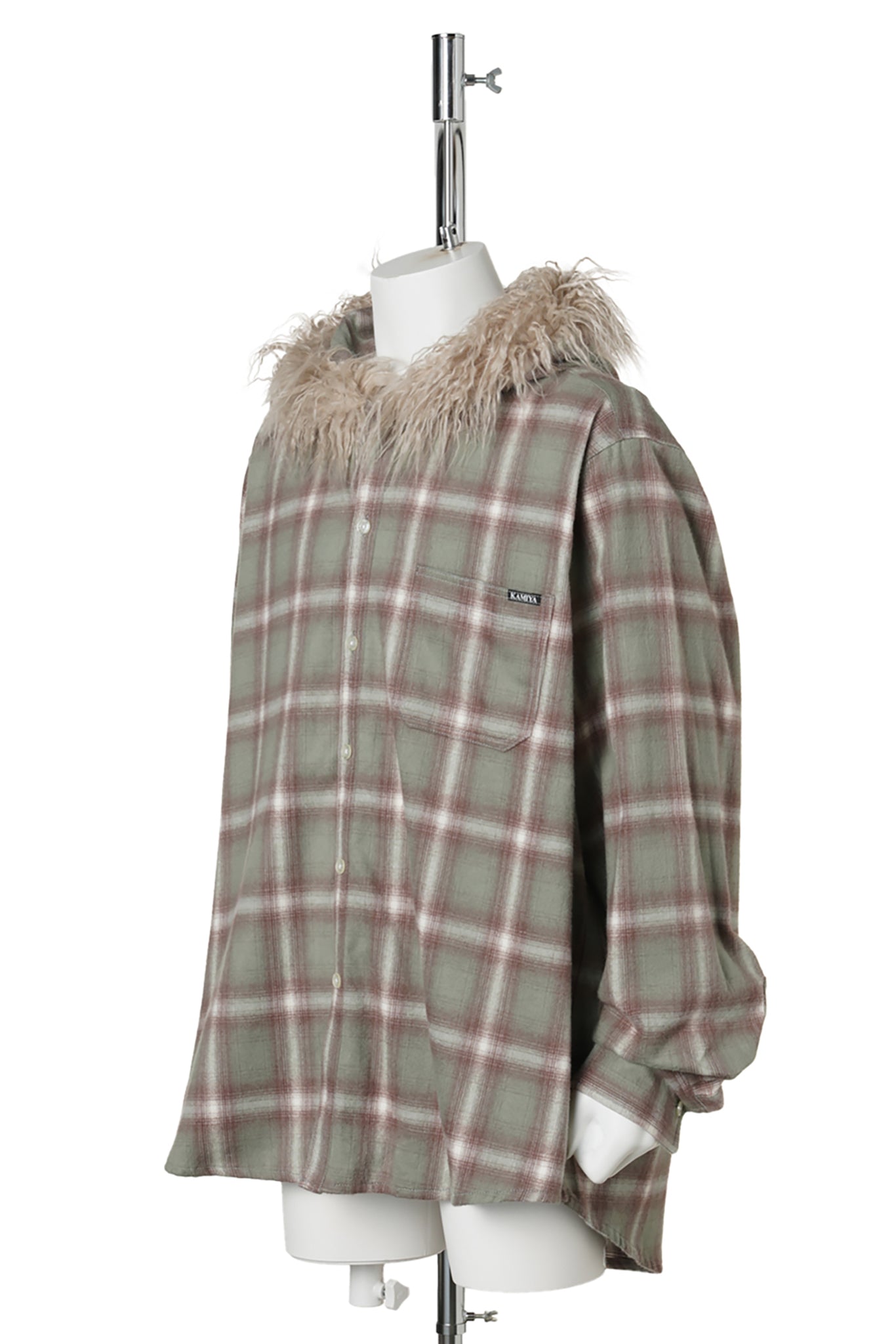 FUR-TRIMMED HOODED CHECK SHIRT / GREEN