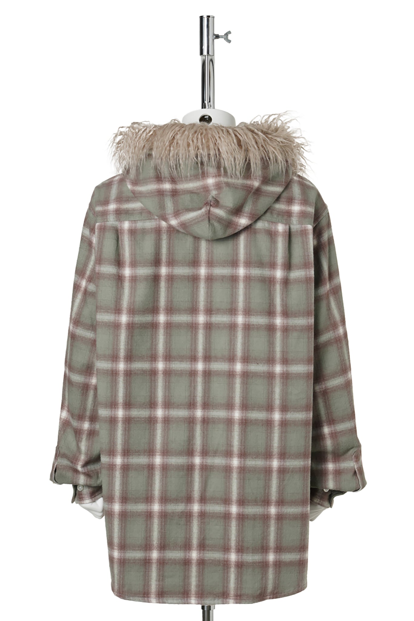 FUR-TRIMMED HOODED CHECK SHIRT / GREEN