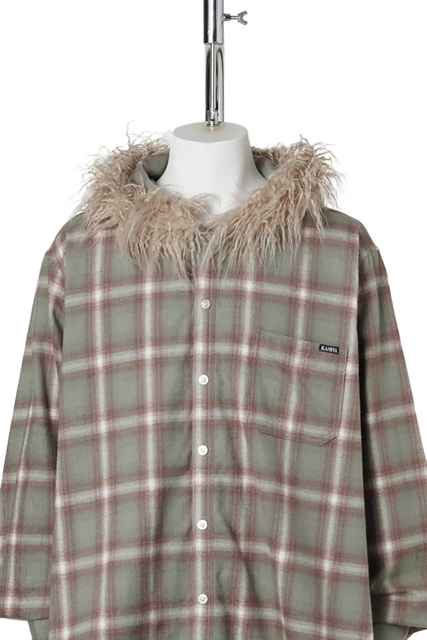FUR-TRIMMED HOODED CHECK SHIRT / GREEN