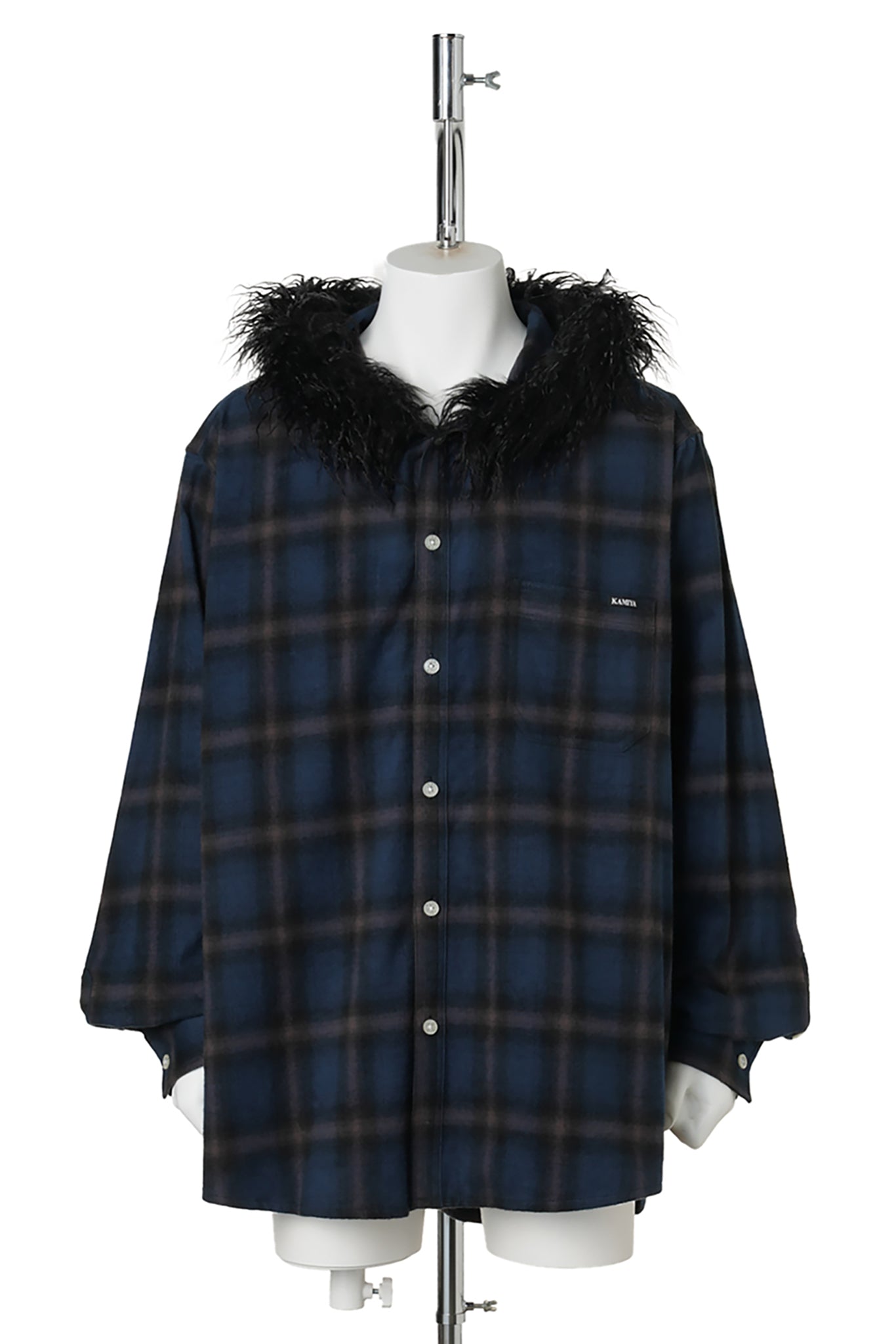 FUR-TRIMMED HOODED CHECK SHIRT / NAVY