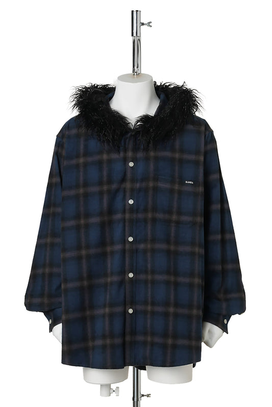 FUR-TRIMMED HOODED CHECK SHIRT / NAVY