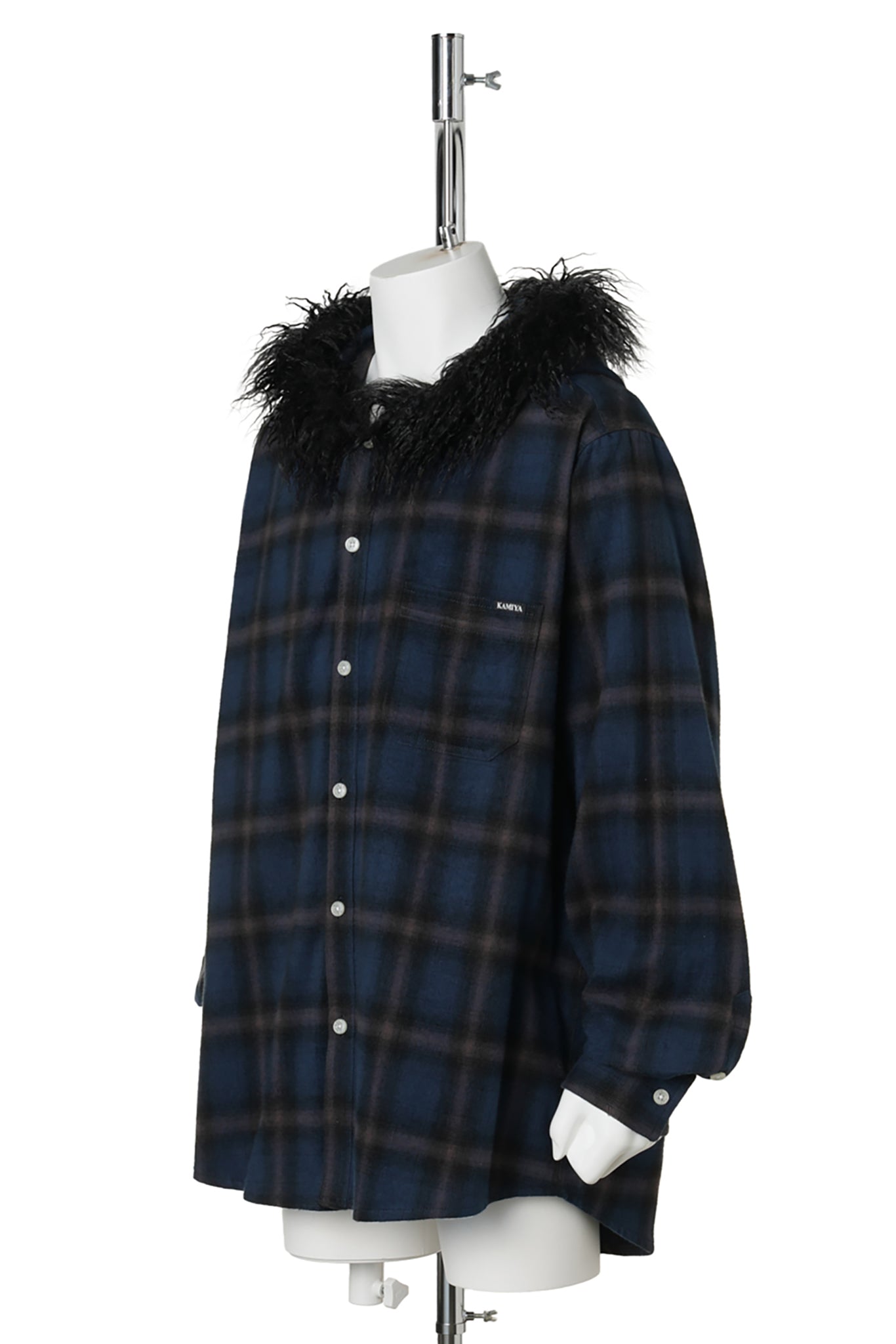 FUR-TRIMMED HOODED CHECK SHIRT / NAVY
