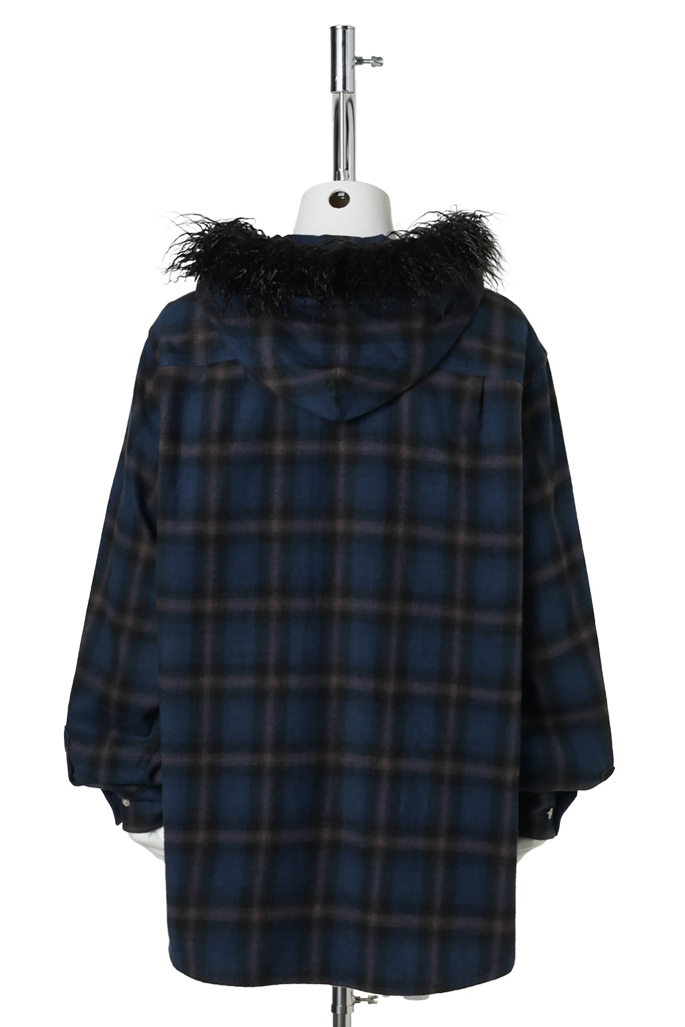 FUR-TRIMMED HOODED CHECK SHIRT / NAVY
