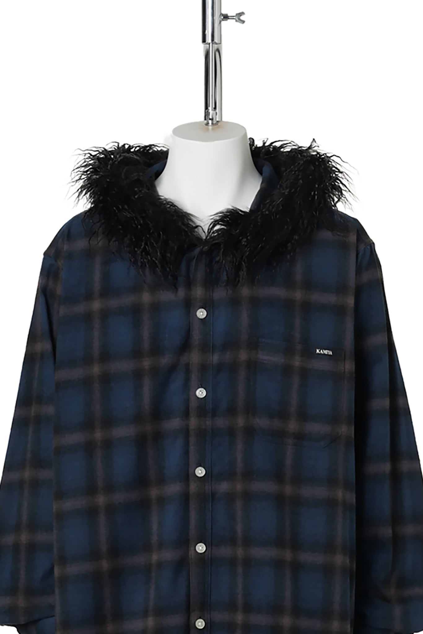 FUR-TRIMMED HOODED CHECK SHIRT / NAVY