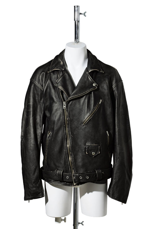 DISTRESSED LEATHER BIKER JACKET / BLACK