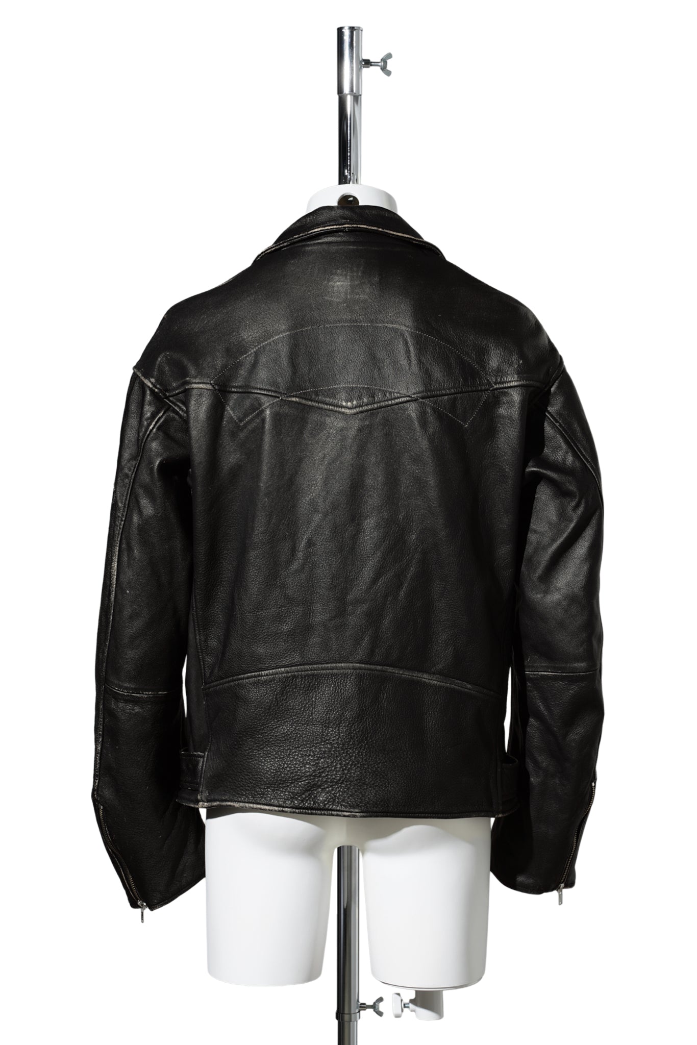 DISTRESSED LEATHER BIKER JACKET / BLACK