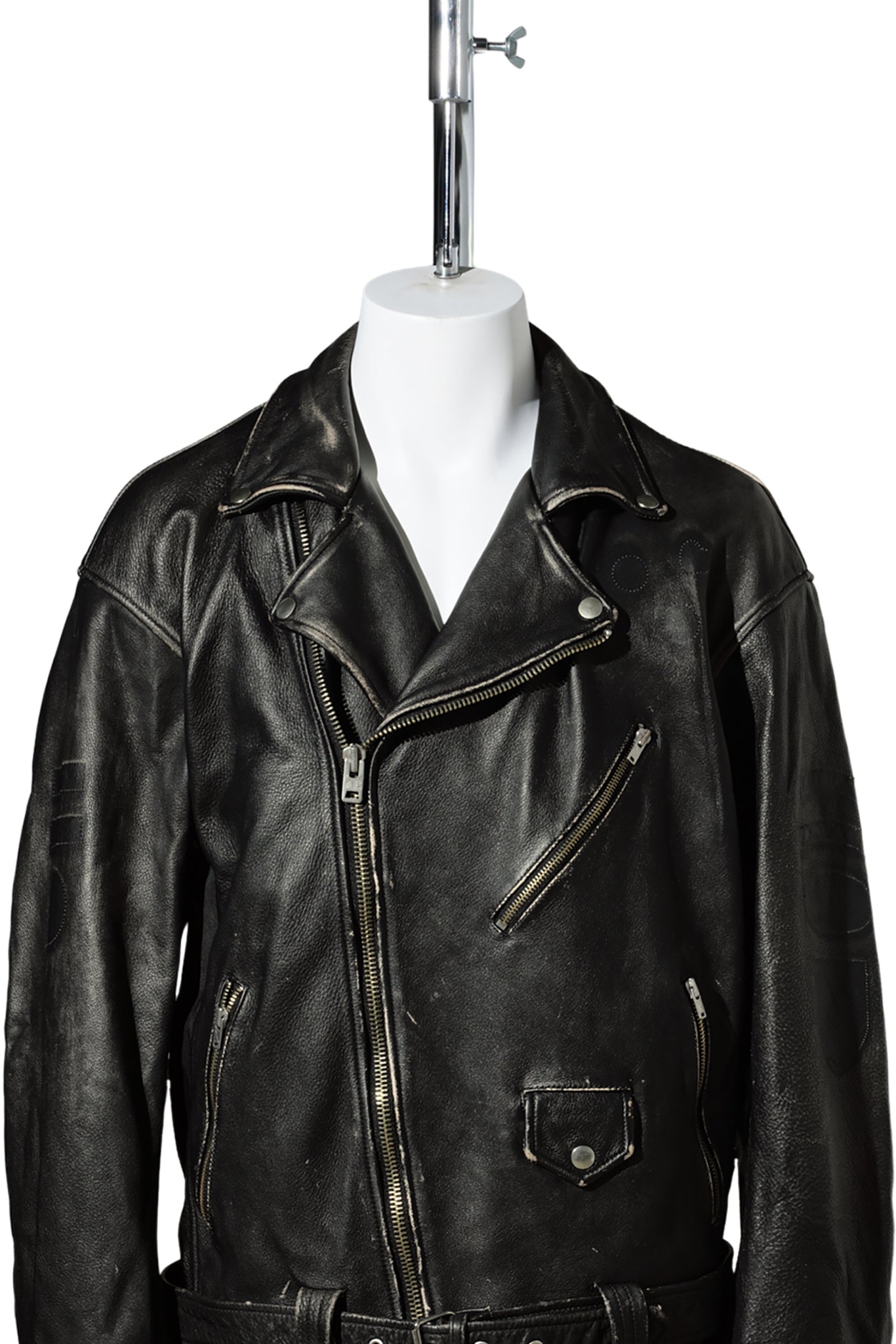 DISTRESSED LEATHER BIKER JACKET / BLACK