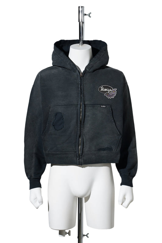 REPAIRED NAME PATCH ZIP SHORT HOODIE / BLACK
