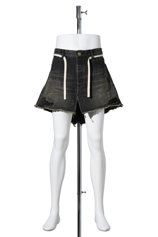 DISTRESSED DENIM WRAP SKIRT / BLACK