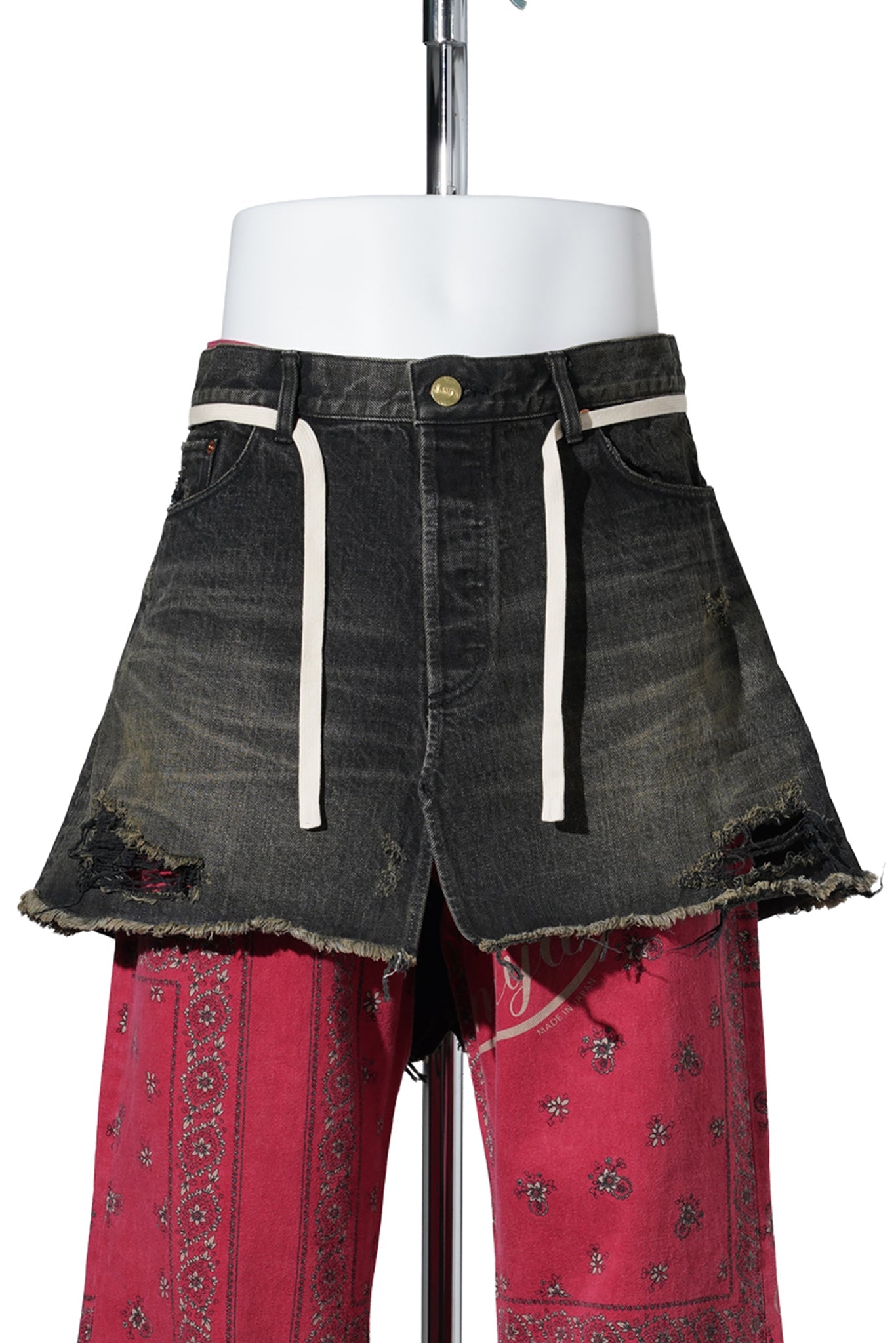 DISTRESSED DENIM WRAP SKIRT / BLACK
