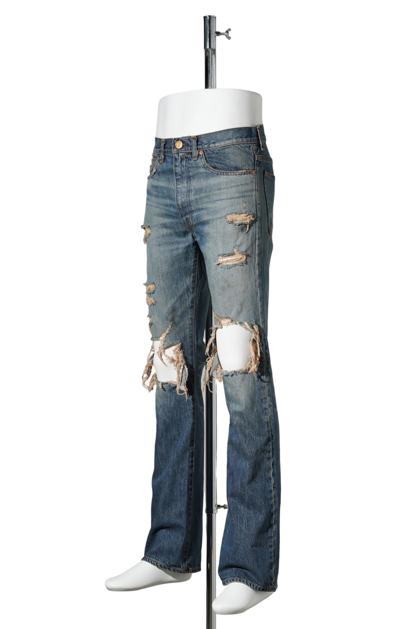 DISTRESSED SLIM BOOTCUT JEANS / INDIGO