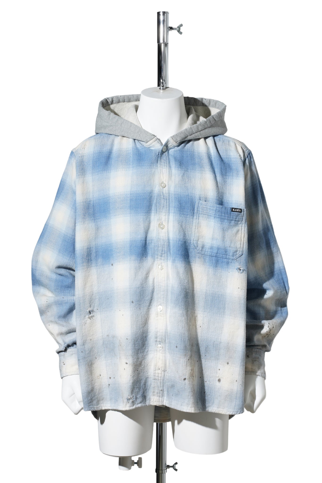 DISTRESSED HOODED CHECKED SHIRT / BLUE