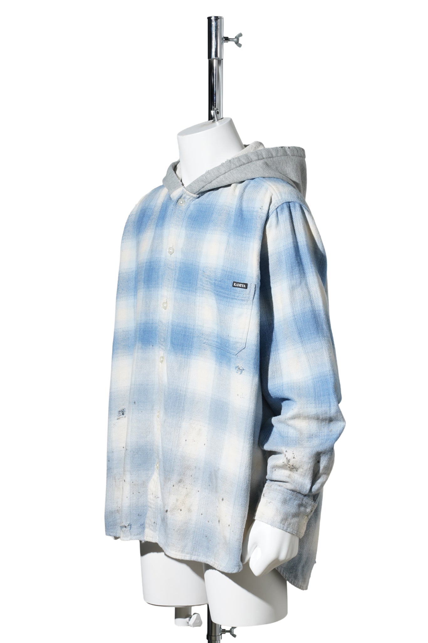 DISTRESSED HOODED CHECKED SHIRT / BLUE