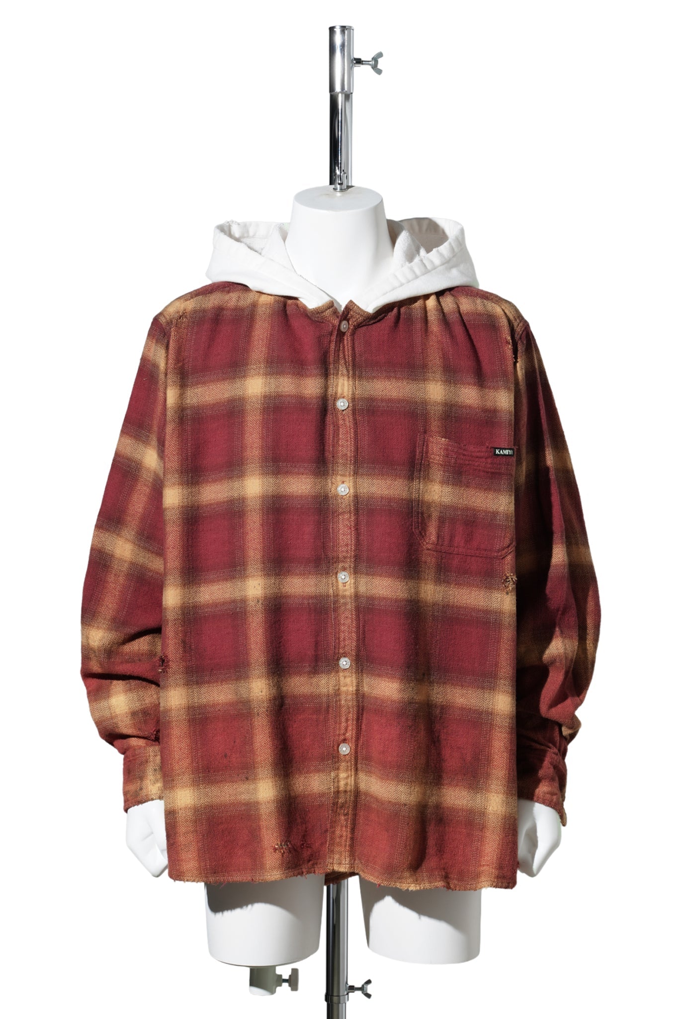 DISTRESSED HOODED CHECKED SHIRT / RED