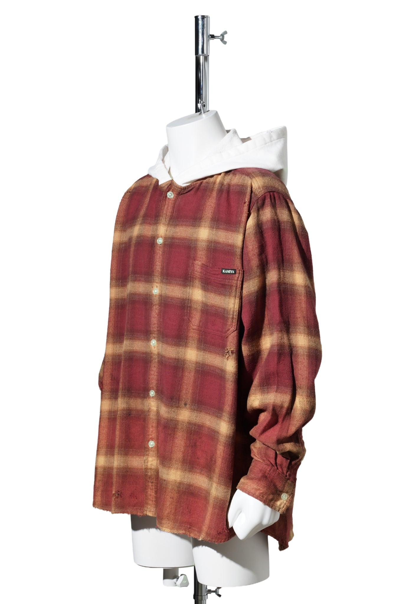 DISTRESSED HOODED CHECKED SHIRT / RED