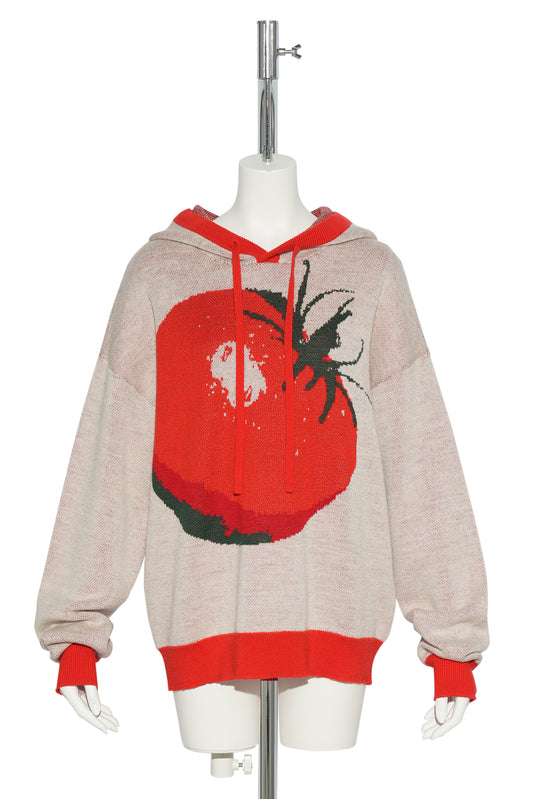 KNIT JACQUARD TOMATO PULLOVER HOODIE / WHITE AND RED TOMATO