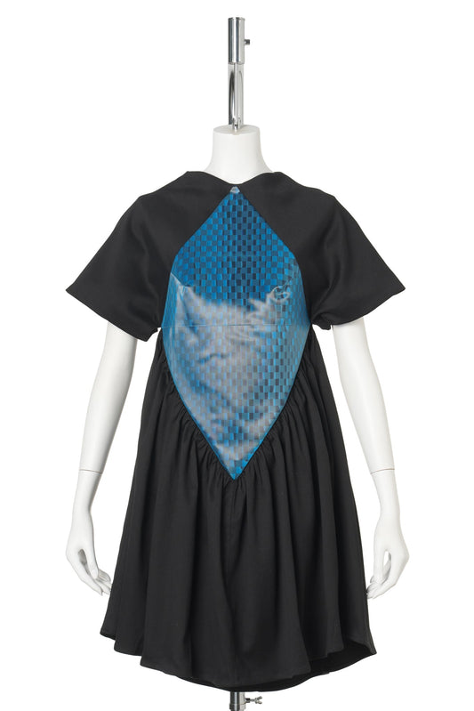 BLUE CHECKERED DIAMOND PATCH BABY DOLL DRESS / BLACK W/ BLUE CHECKERED PATCH