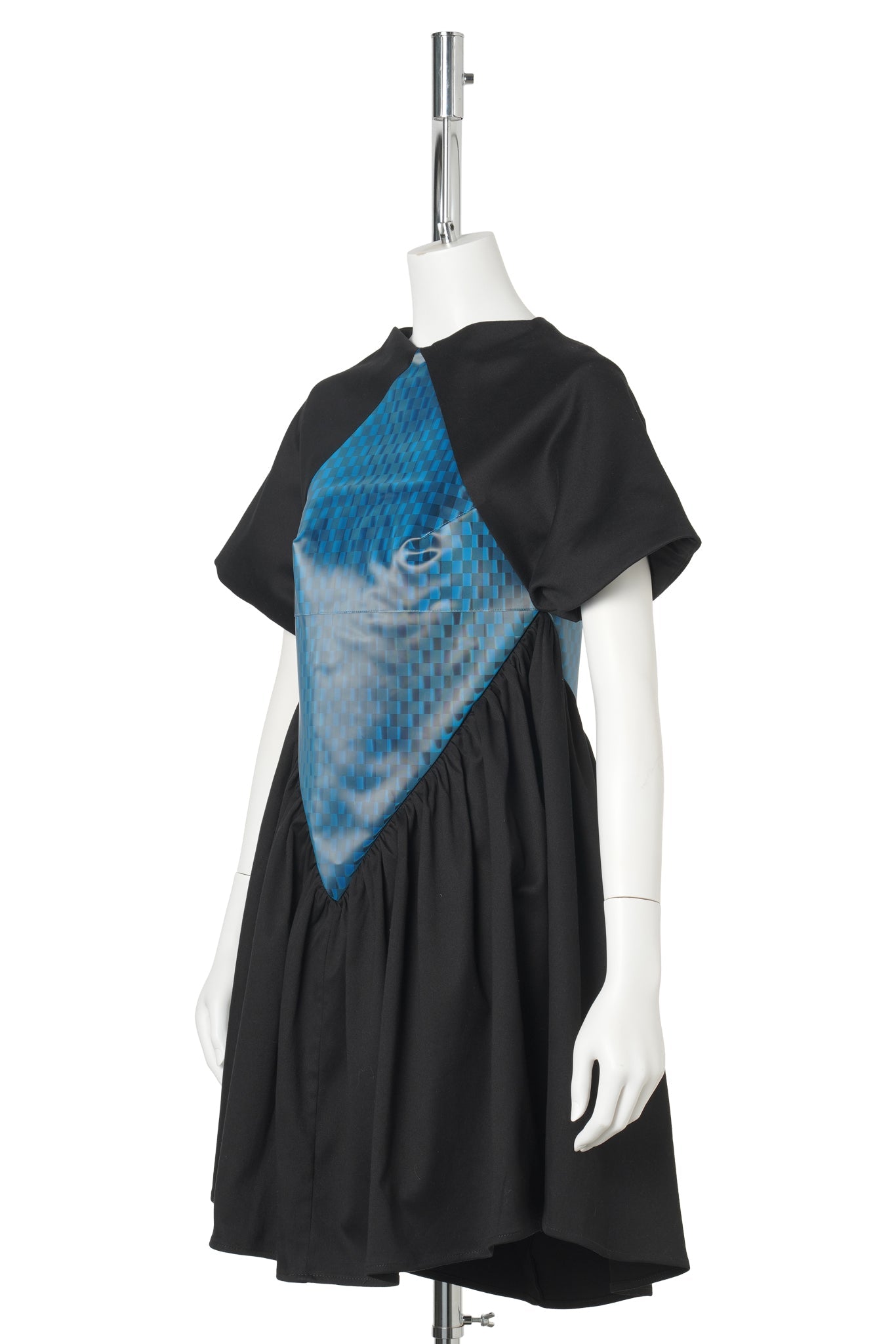 BLUE CHECKERED DIAMOND PATCH BABY DOLL DRESS / BLACK W/ BLUE CHECKERED PATCH