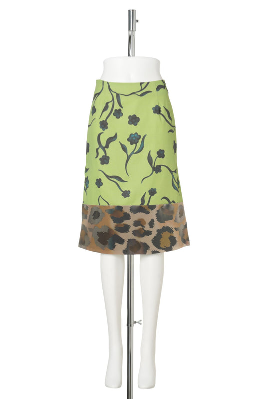 PATCHWORK LENTICULAR MIDI SKIRT / LEOPARD & LIME FLORAL