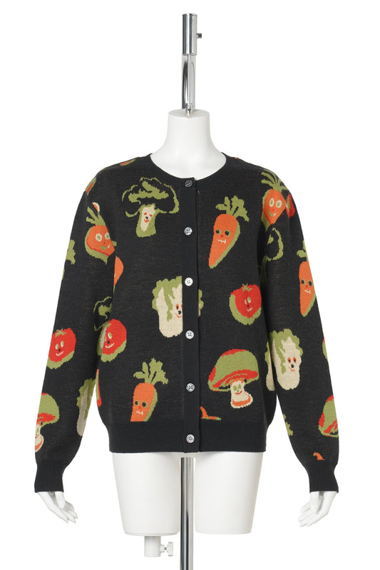VEGGIE JACQUARD CARDIGAN / BLACK & MULTICOLOR