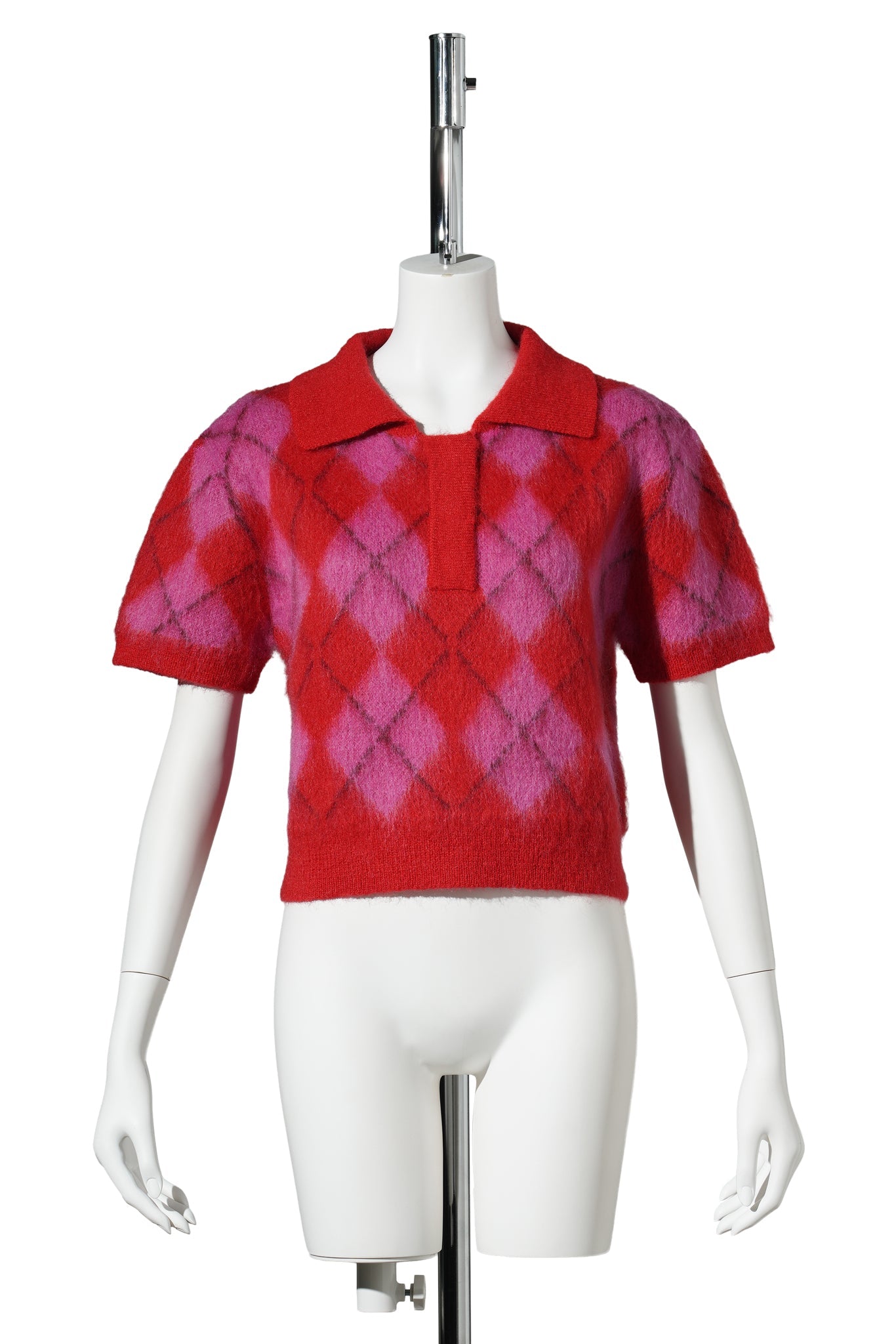 MOHAIR CROPPED KNIT ARGYLE POLO / PINK/RED ARGYLE