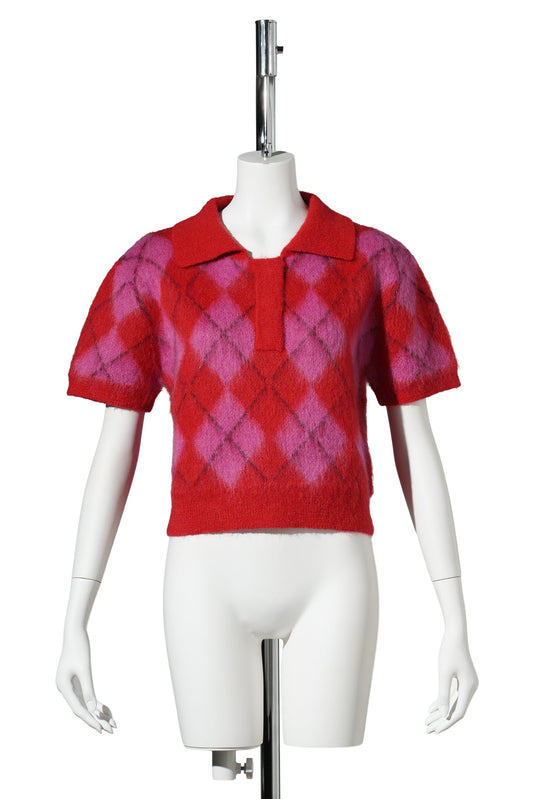 MOHAIR CROPPED KNIT ARGYLE POLO / PINK/RED ARGYLE