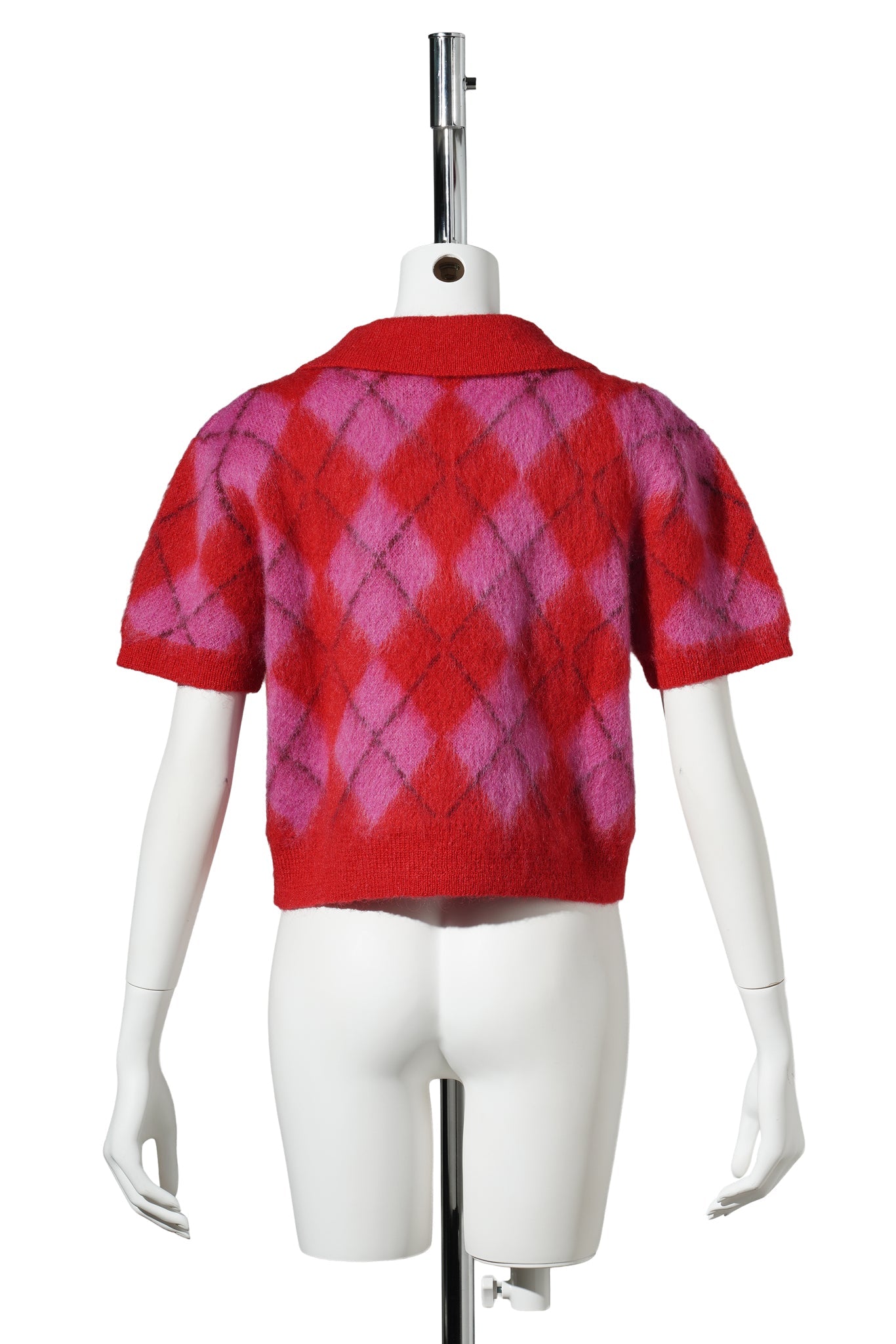MOHAIR CROPPED KNIT ARGYLE POLO / PINK/RED ARGYLE