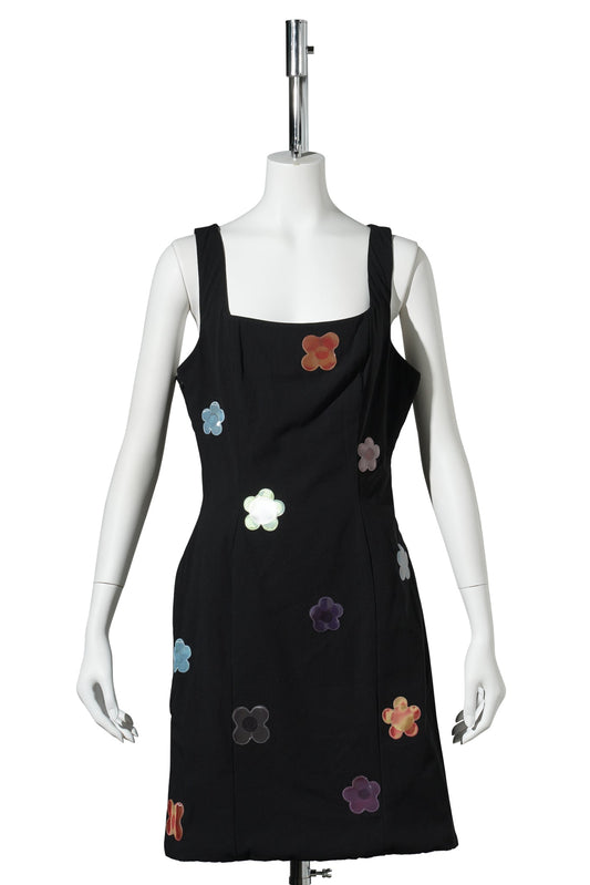 LENTICULAR FLOWER PATCH SQUARE NECK MINI DRESS / BLACK W/FLOWER PATCH
