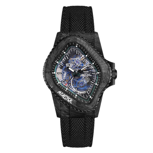 PEA005 / BLACK CFRP BEZEL & MULTI-LAYERED TRANSPARENT DIAL & BLACK CANVAS VELCRO STRAP