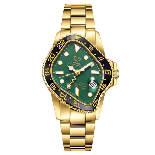 PEA001GMT / GOLDEN PRECISION STEEL&BLACK CERAMIC BEZEL&GREEN DIAL