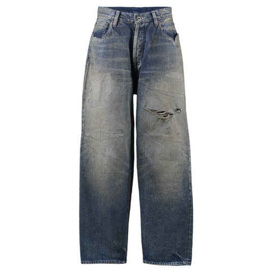 HARD AGING DENIM PANTS. WIDE COMFY (DAMAGED AND REPAIRED FINISH) / INDIGO