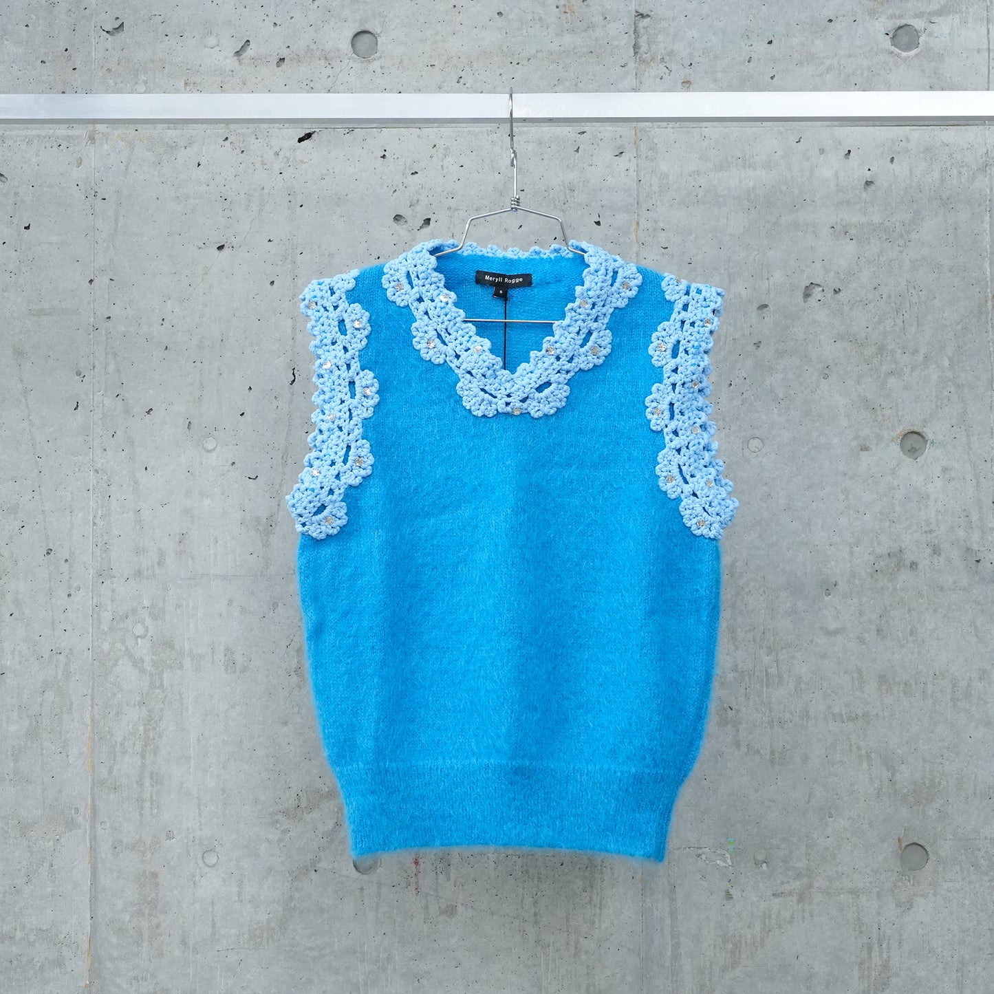 VEST W/CROCHET TRIM & RHINESTONE DETAIL / AQUA