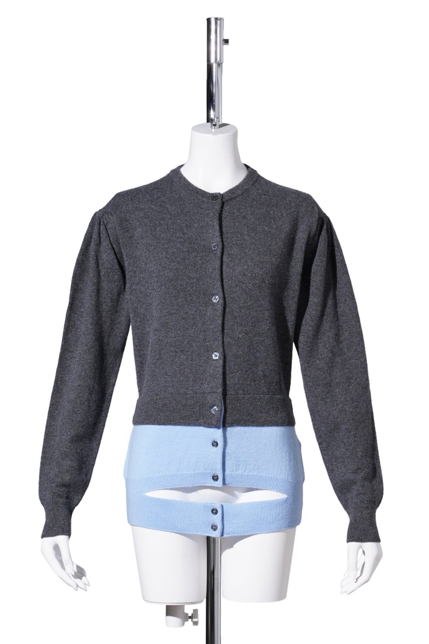 CREW NECK CARDIGAN W/PUFF SLEEVES / GREY MELANGE/LT.BLUE