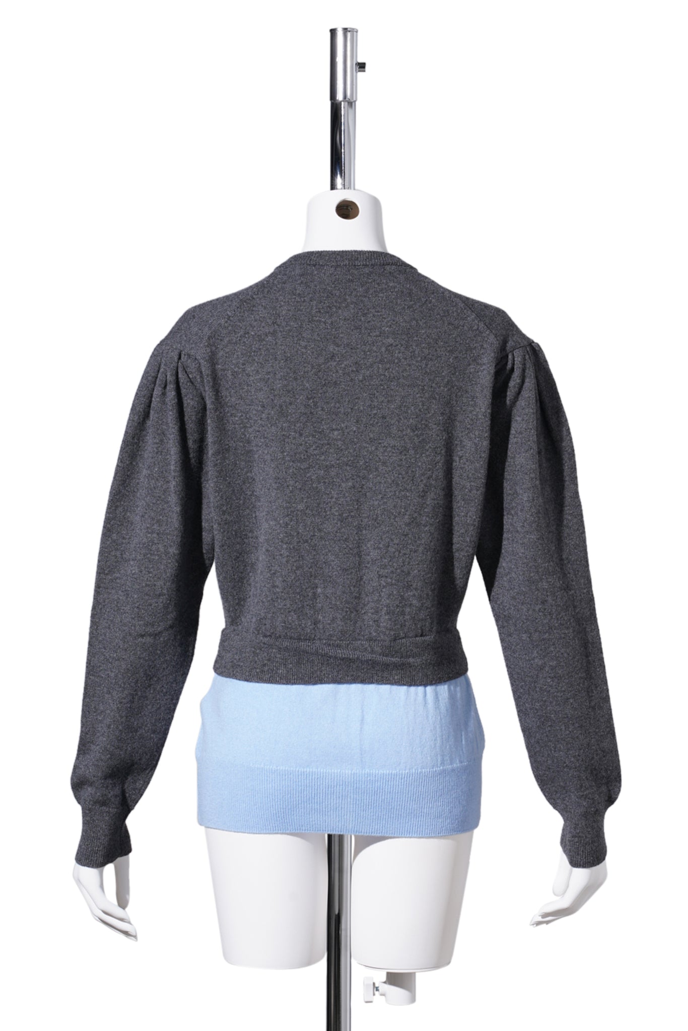 CREW NECK CARDIGAN W/PUFF SLEEVES / GREY MELANGE/LT.BLUE
