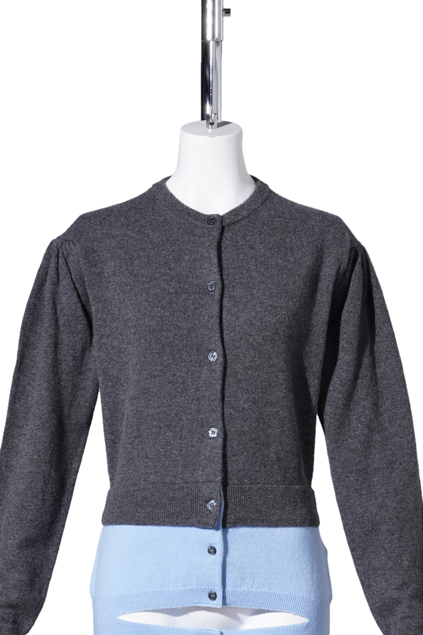 CREW NECK CARDIGAN W/PUFF SLEEVES / GREY MELANGE/LT.BLUE