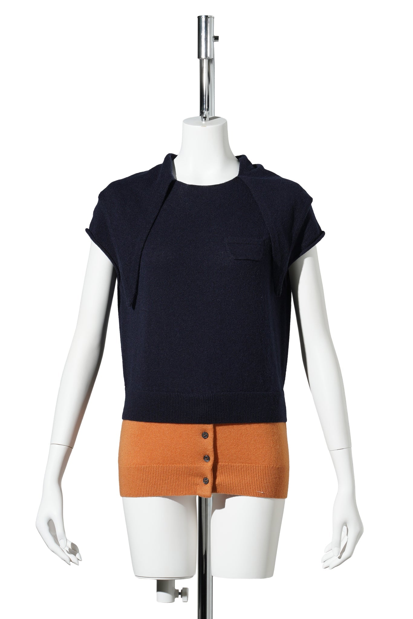 CREW NECK SWEATER W/CAP SLEEVE AND BANDANA / NAVY/MUSTARD