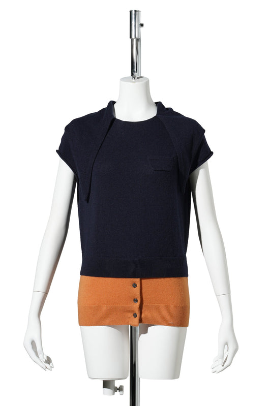 CREW NECK SWEATER W/CAP SLEEVE AND BANDANA / NAVY/MUSTARD