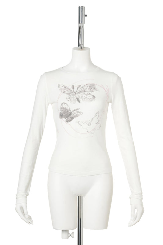 BUTTERFLY SCRIBBLE L/S T-SHIRT / WHITE