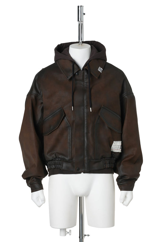 LAYERED FAUX LEATHER BLOUSON / BROWN