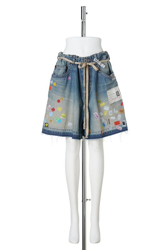 DENIM HUGE DETAIL SHORTS WITH PRICE TAG / INDIGO