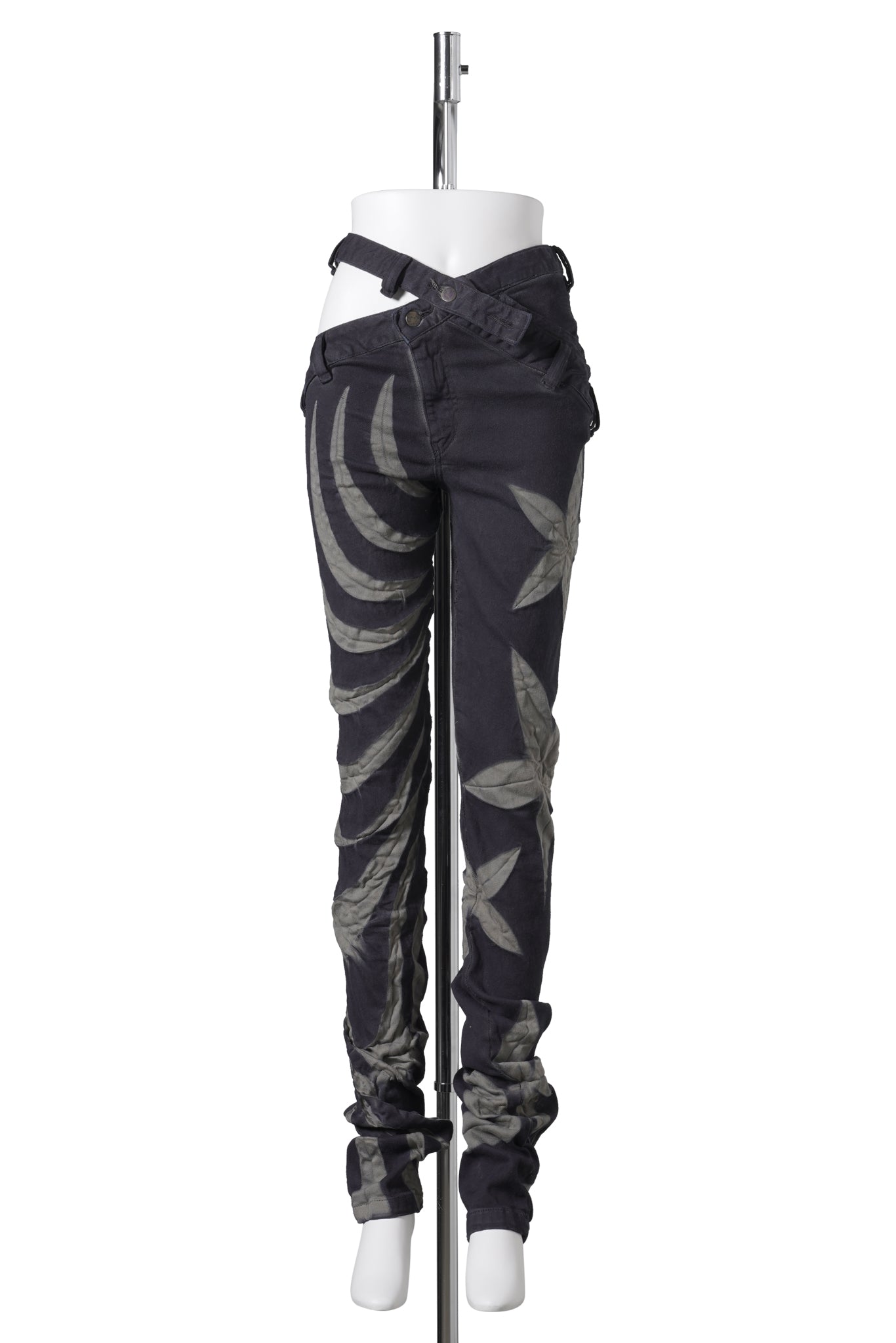 ASYMMETRIC TRIBAL FLOWER SKINNY JEANS / DROWNED NAVY