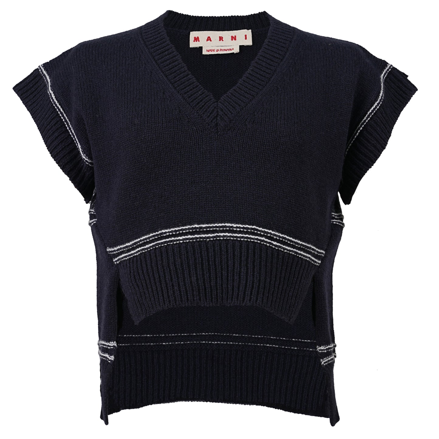 MARNI LOGO VIRGIN WOOL GAUGE 5 MAGLIA COLLO V / 00B81:LIGHT NAVY