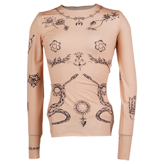 TATTOO PRINTED JERSEY SECOND SKIN CREWNECK TOP / TA00:LIGHT TAN