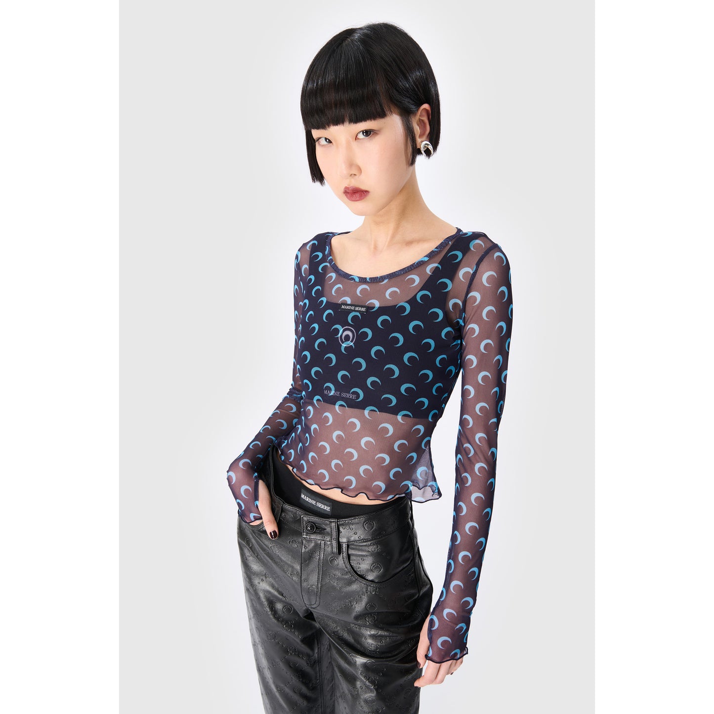 MOON PRINTED MESH SECOND SKIN CROPPED T-SHIRT / BL90:NAVY