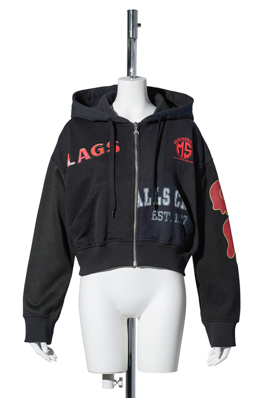 REGENERATED GRAPHIC JERSEY CROPPED ZIPPED HOODIE / BK99:BLACK