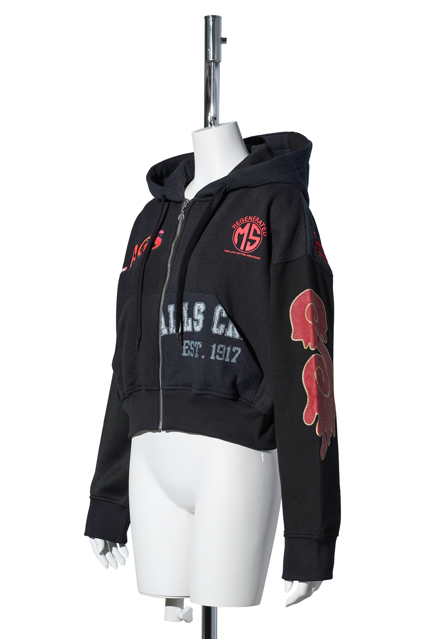 REGENERATED GRAPHIC JERSEY CROPPED ZIPPED HOODIE / BK99:BLACK