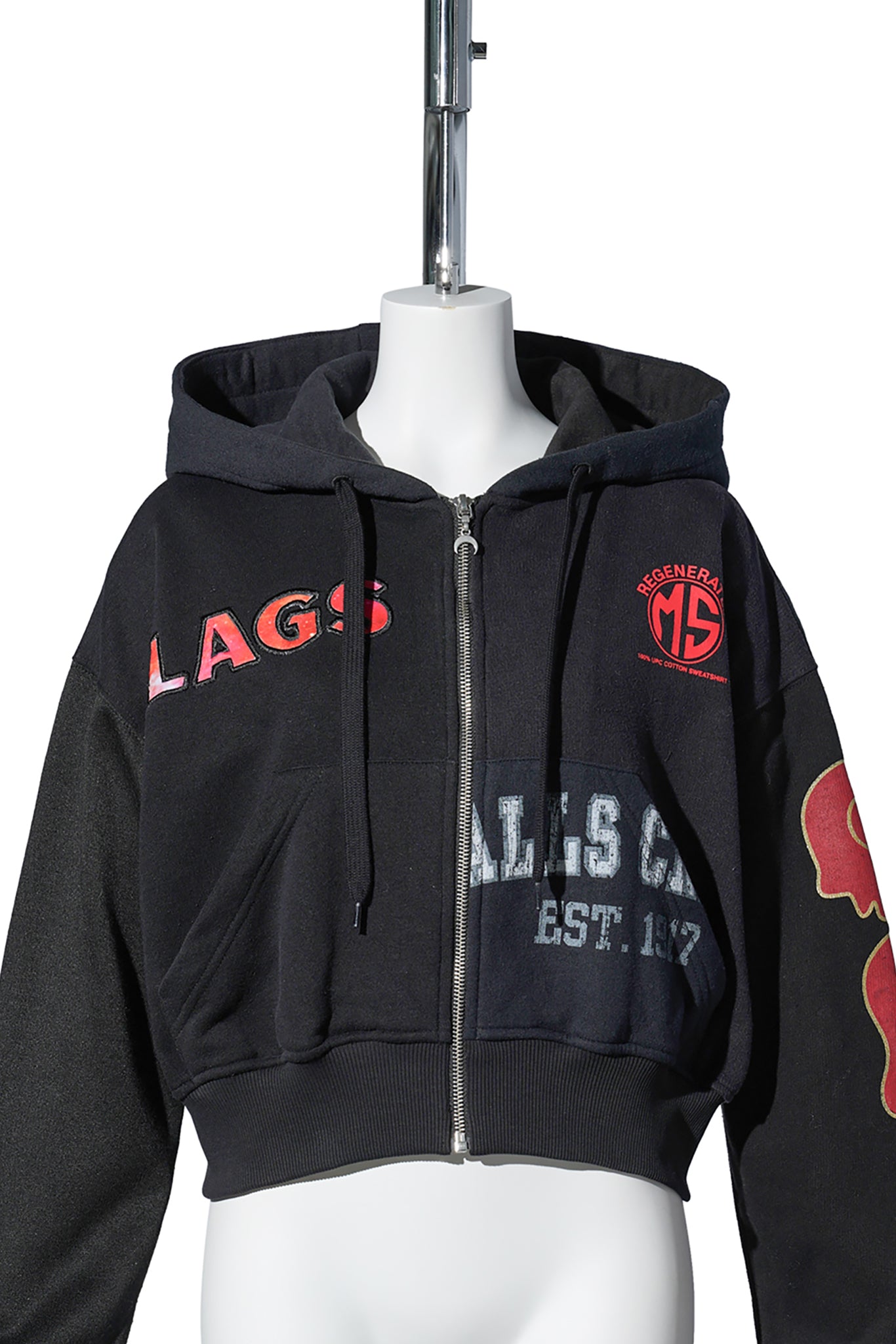 REGENERATED GRAPHIC JERSEY CROPPED ZIPPED HOODIE / BK99:BLACK